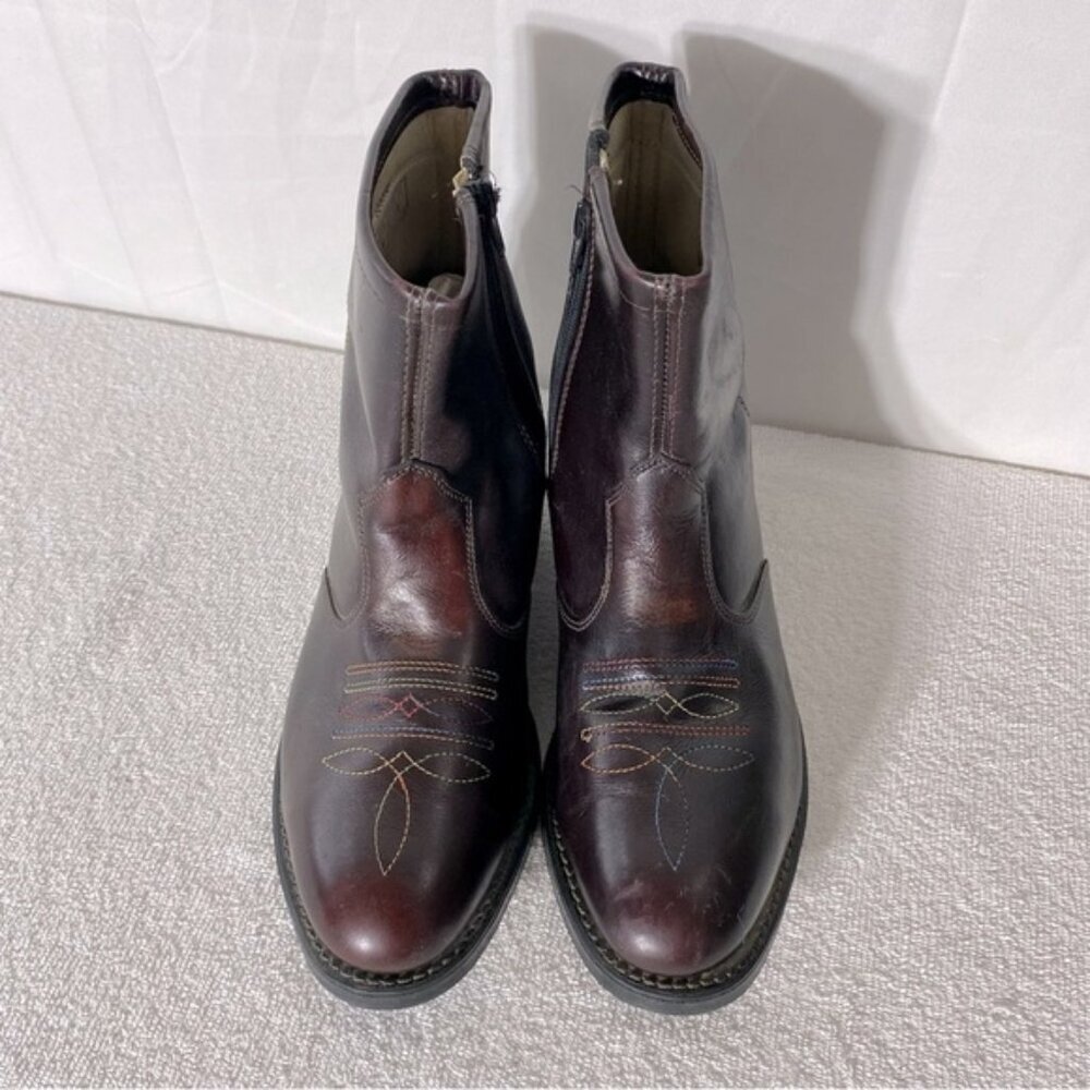Vintage Burgundy Leather Western Style Round Toe Ankle Boots 7.5